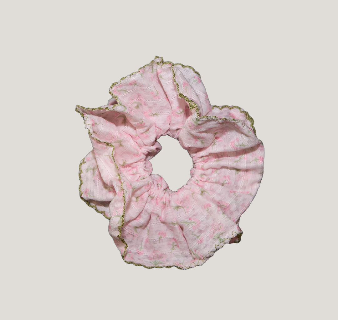 Pink Floral Green Trim Scrunchies