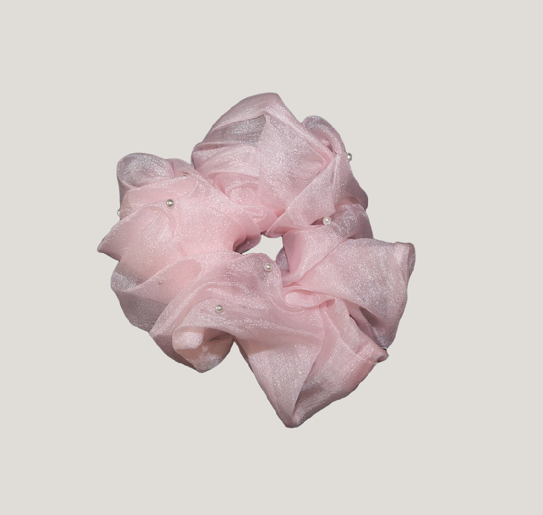 Pink Organza Pearl Scrunchies