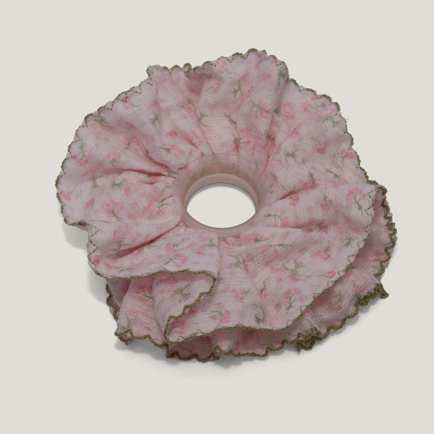 Pink Floral Green Trim Scrunchies - Pack of 2