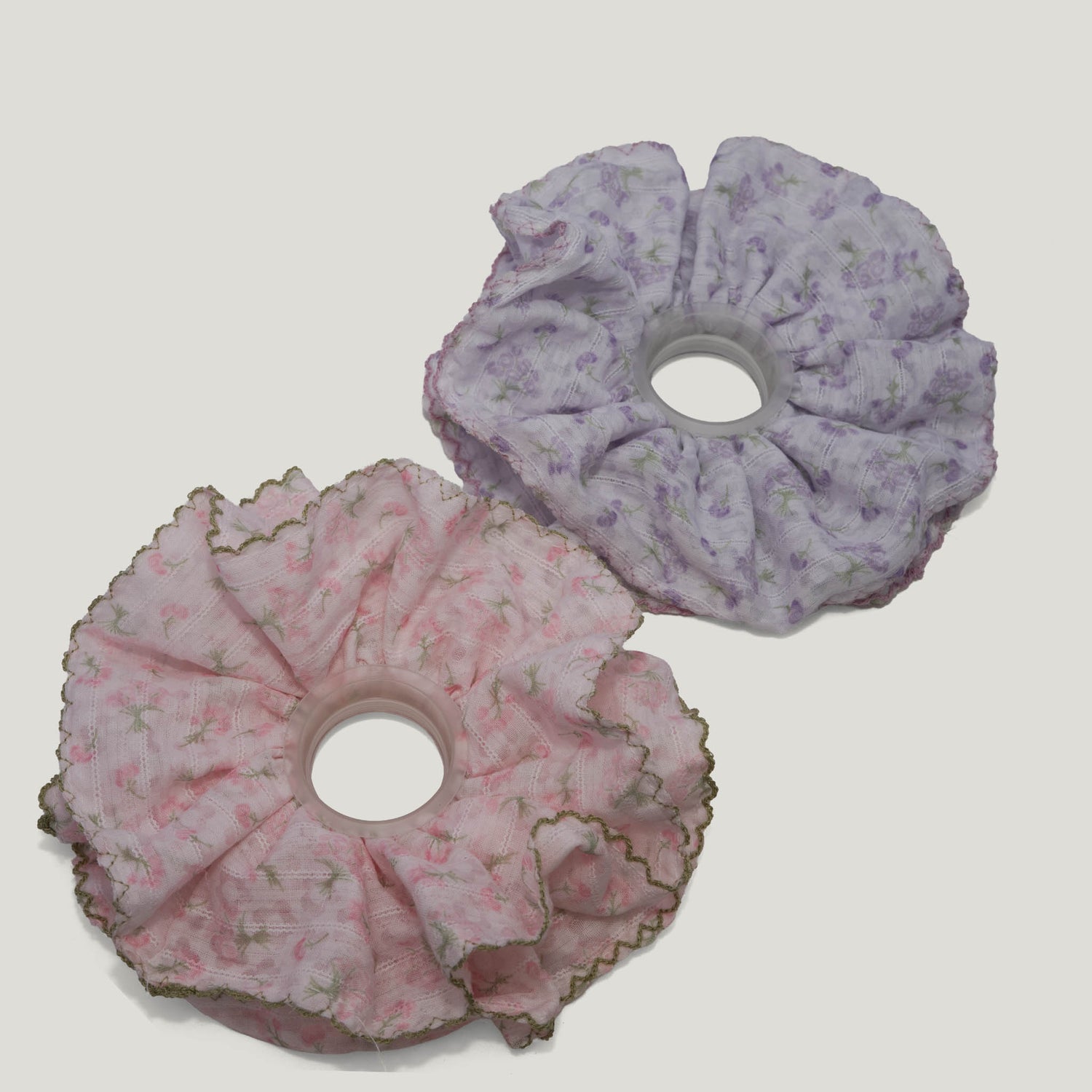 Lavender Floral Pink Trim Scrunchies - Pack of 2
