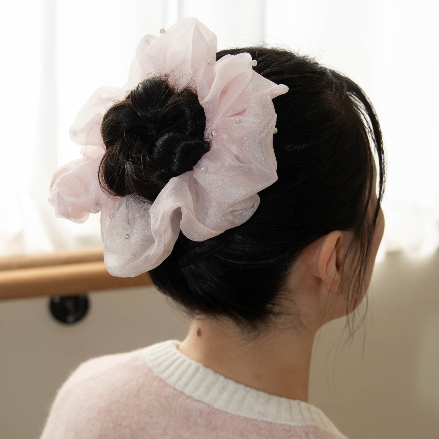 Pink Organza Pearl Scrunchies - Pack of 2